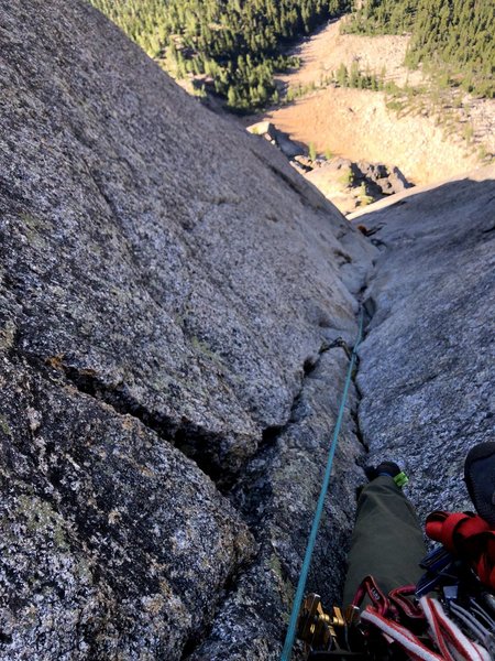 Looking down on the start of the 4th pitch. Outstanding climbing.