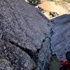 Looking down on the start of the 4th pitch. Outstanding climbing.