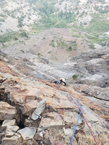 About to start the ledge heading right to 5th pitch anchor in a corner.