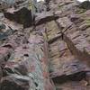 Looking up at 1st pitch of Closer from the belay ledge.