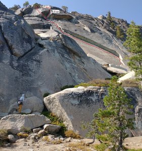 Can easily be done in one pitch without rope drag by using double length slings to extend your first few pieces. Do the 5.9 variation; it's the best part!