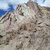 The Shey climbing area as viewed from near the parking. 
<br>

<br>
The lime green line is Hiram Crack (5.9), the red line is 2ABC (5.10b) the blue line is Push Pull Pray, the green line is Shey Direct and the yellow line is Shey it Aint So (5.8-).