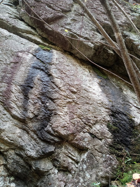 The start of Burly Squirrel.  Reach up into the horizontal crack below the left-leaning corner and hand traverse left.