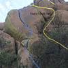 Hairy Hands is blue but any of the routes on the boulder will get you to the same spot