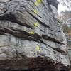 Start on the best holds you can reach in the cave then blast through the face of Macauley's Irish Stout 5.12b.