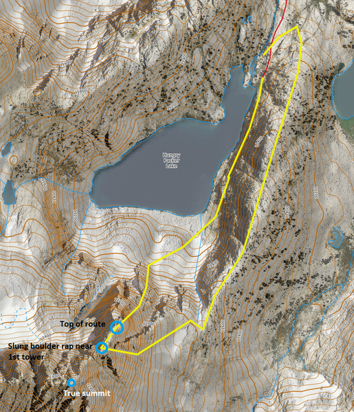 Overview of the route I took with my partner in July 2019 to ascend and descend Picture Peak.  There may be other routes as well.