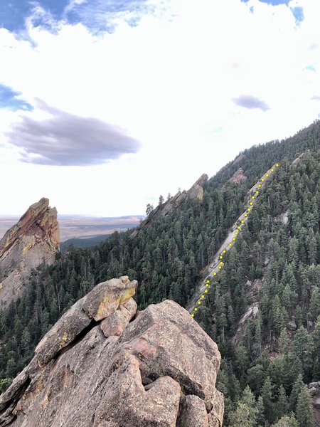 Jaws North Ridge as seen from the summit of Sunset Flatironette. The summit of the Third Flatiron towers to the left.