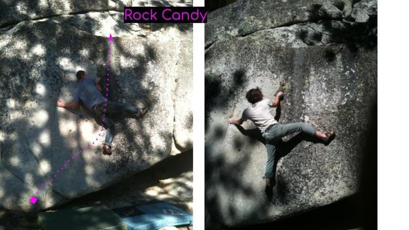 Rock Candy is one of many great problems in the area. Located off the north side of 2N86A. Look for the short and shallow cave below a taller formation, the obvious water streak and the orange rock candy like hold (right hand in photos).