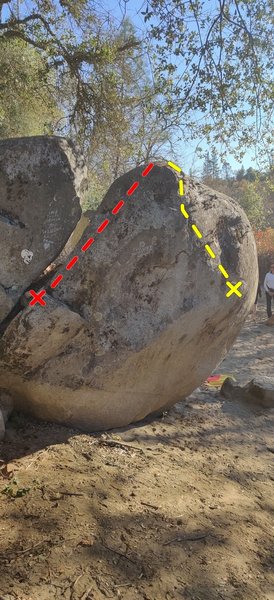 Riverside boulder, side profile. V3 deadpoint in yellow, V-easy warm-up in red.