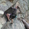 Shaun Miller, working the initial traverse. Up rope!