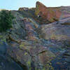 A climber working up the Rover Crack variation (photo from the base of the route).