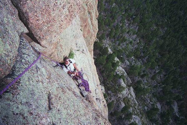 Grand exposure at the 4th belay (Erik Marr working the ropes).