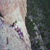 Grand exposure at the 4th belay (Erik Marr working the ropes).