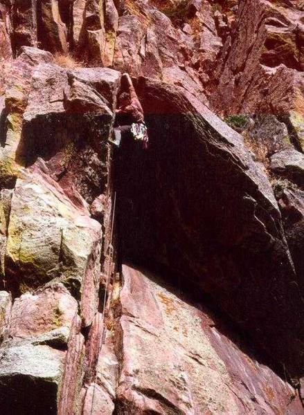 Tony Bubb on Self Abuse, 5.10, at Hawk-Eagle Ridge in Eldorado Canyon.  Photograph by Joseffa Mier.