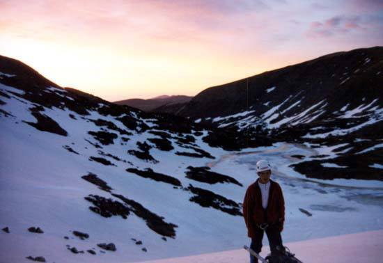 Dan, taking a break before sunrise--almost to the technical climbing.