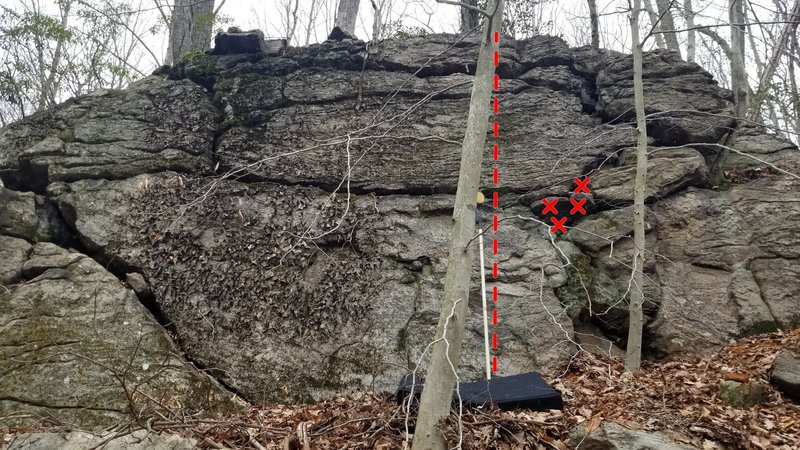 Climb straight up, avoided the loose blocks marked in the photo