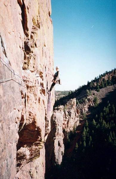 Peter Spindloe at the end of the first pitch of Rosy Crucifiction, photo by Craig Luke