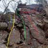 Bolted belay station location noted in this picture 
<br>
Yellow - Loose Block, Green - Shalestorm, Red - Cramped Thumb