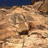 Looking up from the belay at the very pretty offset finger crack.