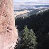 Unknown climber belaying at the spectacular hanging belay on Velvet Elvis.  Photo was taken on 11/11/01.