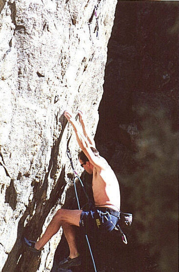 Peter Beal climbing the Shiny Dog and by-passing the manufactured holds.