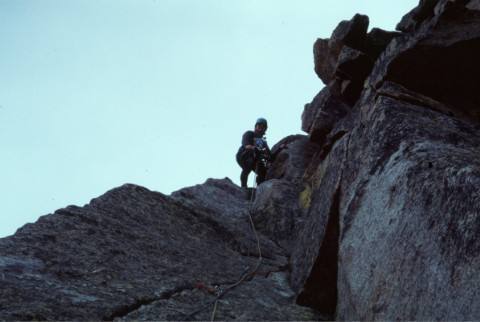 Duane preparing to lead the desperate crux slot, high on the North Ridge of Spearhead.