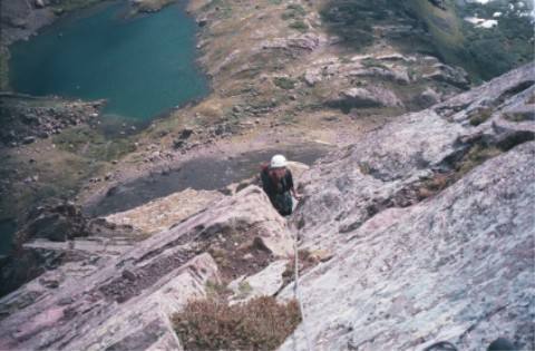 Carol about halfway up Ellingwood Ledges.  August 26, 2000.