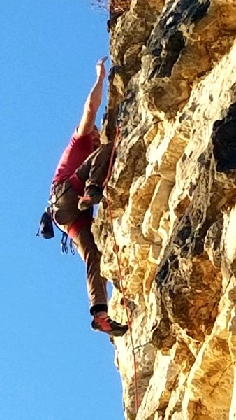 Matt Nation hitting one of several crux moves on Indian Drug Carpet.