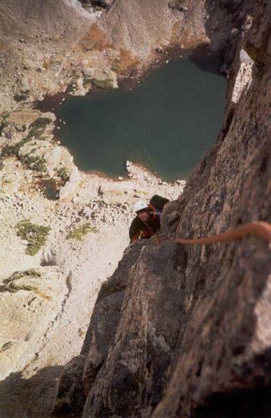 Darrin Livingston finishing the Summit Pitch of the Petit Grepon's South Face.  Photo by Tony Bubb