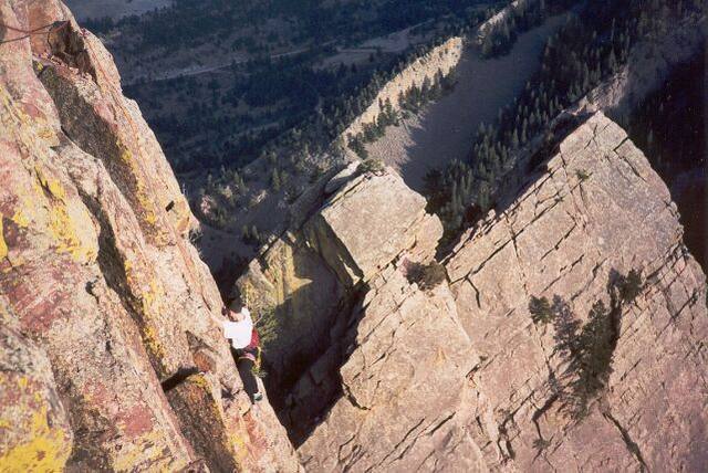 Mark Spieker follows the Final pitch above the arate on The Green Spur, in Eldo, circa 1996.  Photo by Tony Bubb.