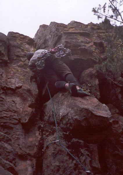 Tony Bubb leads Muscle and Hate, a new route on the West Ridge.  Photo by Peter Spindloe.