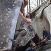 Evan Curry wrestling the slopey arete of The Wave (V6).
<br>

<br>
Photo: @dirtysouthclimber
<br>
Climber: @evanbcurry