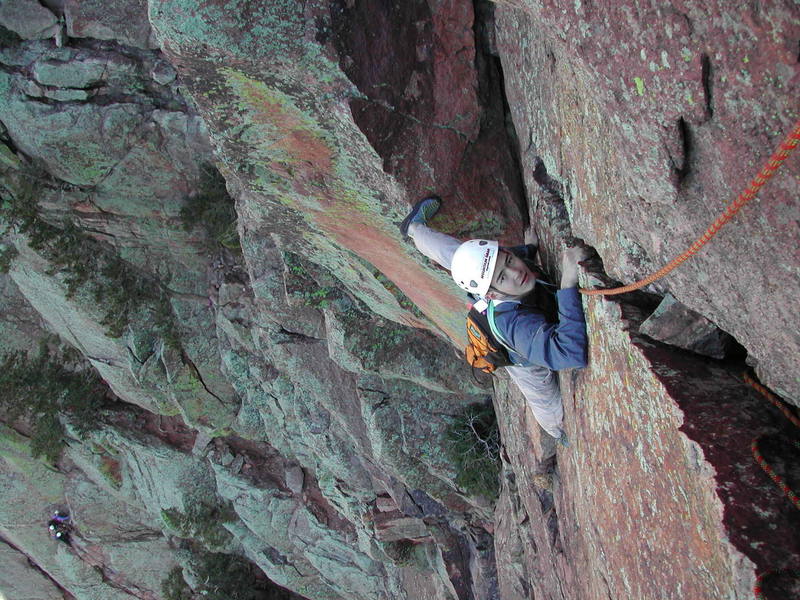 Dan Mottinger almost nearly to the belay finishing the zig-zag dihedral pitch.