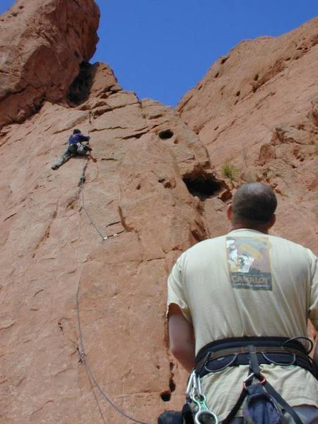 Jason Alexander enjoying his first lead on Cowboy Boot Crack (5.6), Garden of the Gods, Colorado.