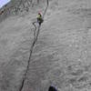 Unnamed climber from Greeley crusing Pitch 1.