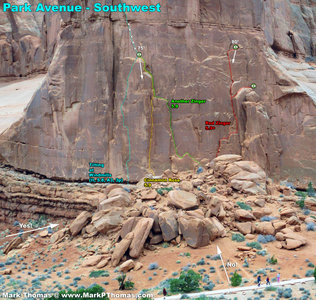 Routes in the southwest area of Park Avenue. Make sure to take the responsible approach up the wash and not the bad tracks from the paved trail. This wash begins from the far west end of the sidewalk in the parking area.