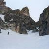 Smith entering the couloir - good beta shot here for recognizing [higher up on the route].