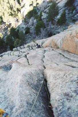 Looking down the third pitch of Osiris just before the crux.