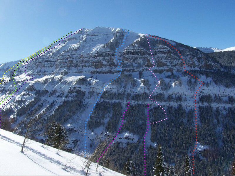 N. Treasure Mt. Yellow=Devils Ridge 3rd, Green=Lobsterman Dan, ski 50m ab.Black=Los Angeles Arete, ski. Blue=Flying Ryan Ski 30ab, Pink=Ghost Ice; L. WI3 R. 5  LightPink= Upper Ghost Ski,55m ab. Red=Baby Grave Brings the Nordique, ski, 25m ab