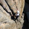 Bernard right where the crack goes from 5.9 to 5.10 in difficulty - below the roof.