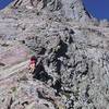 4th class climbing above the Red Tower.  The complex final Headwall is visible high above.