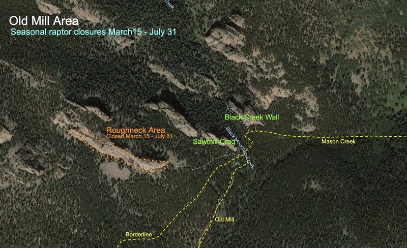 Seasonal Falcon closures in effect from March 15 - July 31. - Lion's Head (not pictured). - Roughneck Area.  There are no closures at Staunton Rocks.