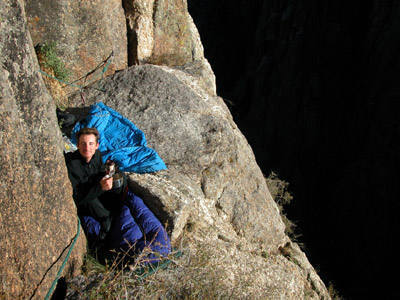 Morning Coffee on the smaller side of the Two Boulder Bivy ledge.