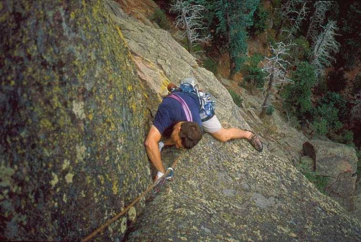 Peter Spindloe just past the crux of Northwest Passage. Photo by Tony Bubb.