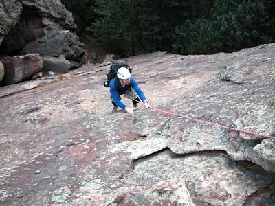 Mark near the top of the first pitch, in the runout section (it is possible to place a #3 Camalot in the crack 10' right of his location).