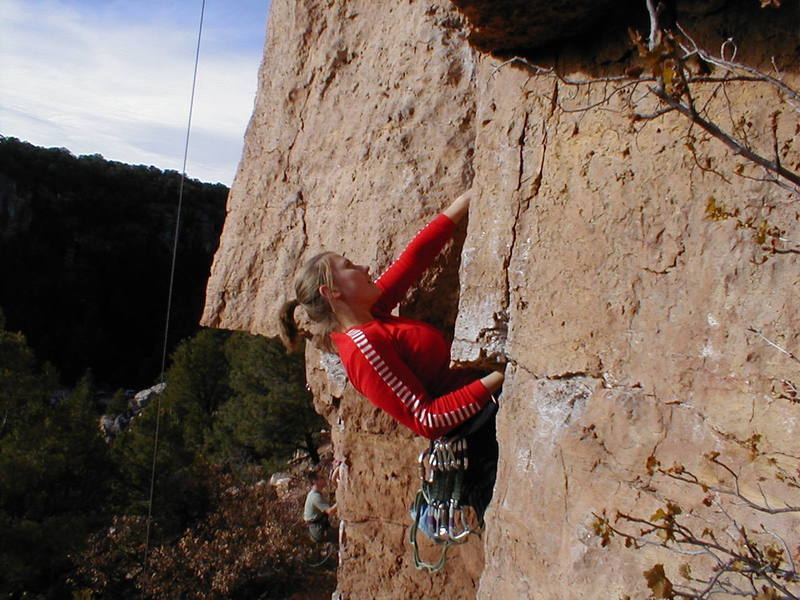 Laura climbing up the first overhang of Wadsworth.