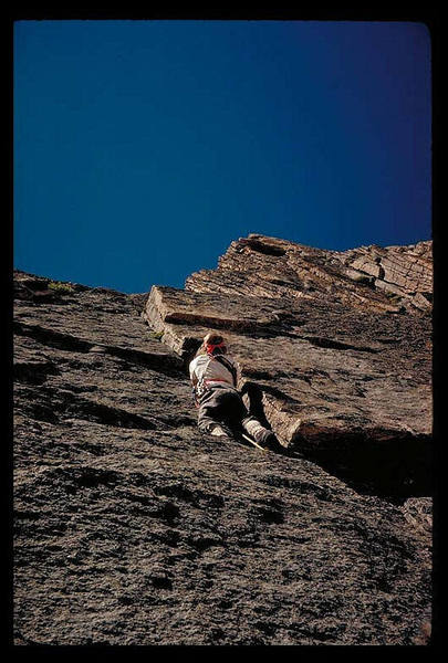 Larry Hamilton on pitch 4 of Snark, first ascent.