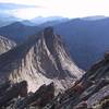 Taken near the top of the route, looking back on Arrowhead.  The two gendarmes on the NE Ridge are also visible.  Note smoke from wildfires in the background.