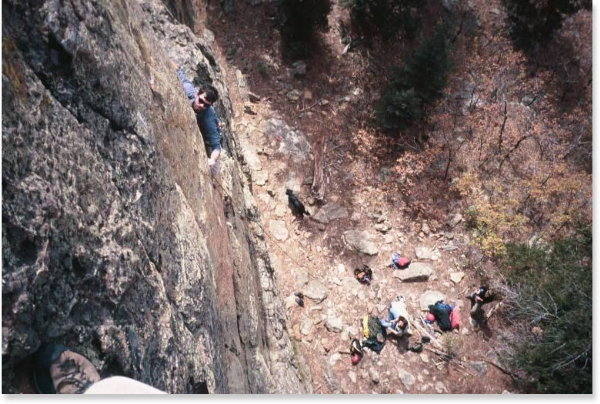 Tim Barton nearing the crux on Truck Stop Crank at the Stonewall.