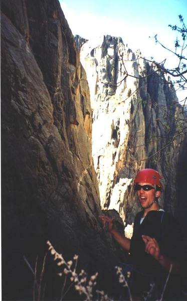 On the SOB gully approach. Escape Artist is the wall on the left with the obvious vector traverse and left-facing dihedral.